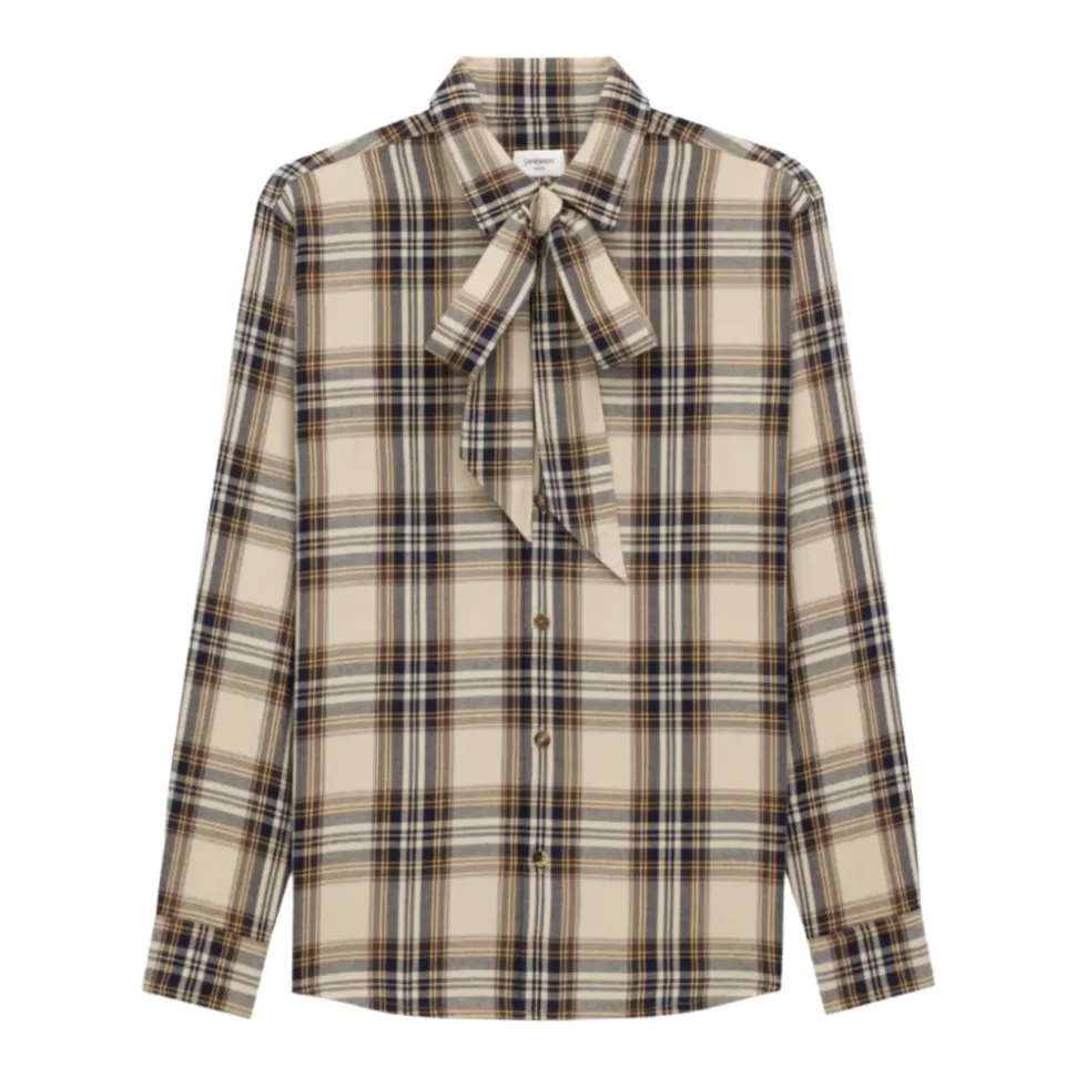 Baumwoll-Tartan-Lavallière-Shirt mit Schleife