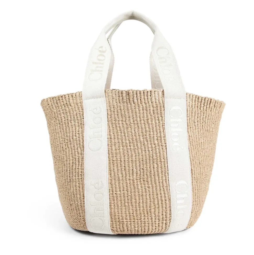Beige Raffia Tote Tasche mit Logo