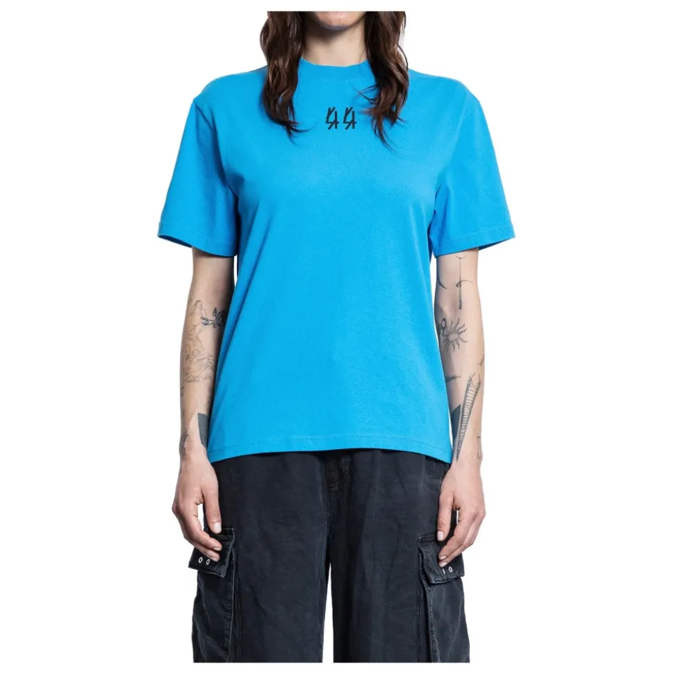 Blaues Baumwoll-Jersey-T-Shirt mit 44 Prints