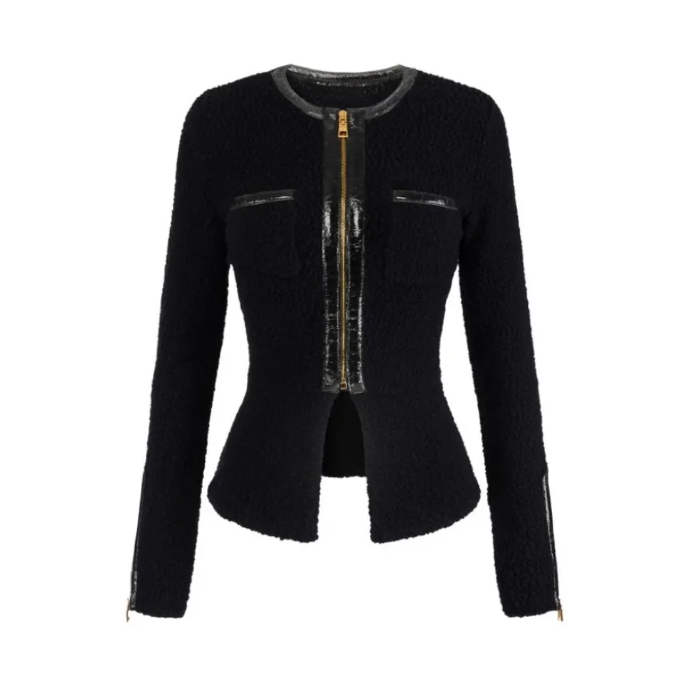 Bouclé-Strickjacke mit Vinyl-Details