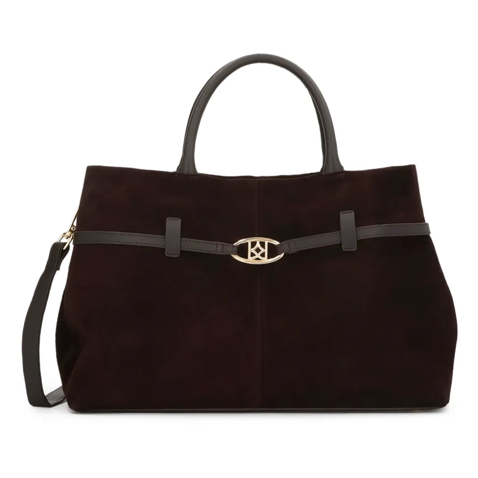 Braune Wildlederhandtasche mit trapezförmiger Form