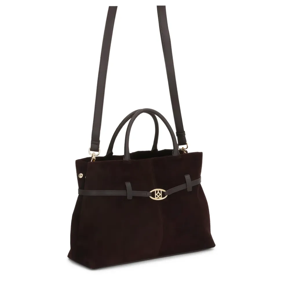 Braune Wildlederhandtasche mit trapezförmiger Form