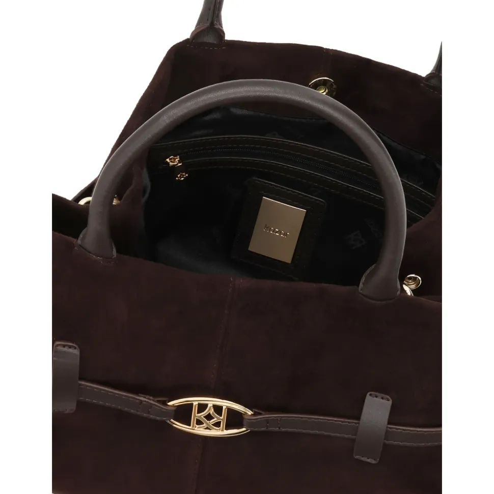 Braune Wildlederhandtasche mit trapezförmiger Form