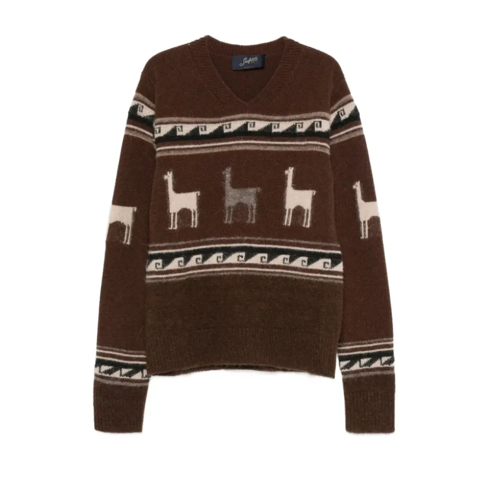 Brauner Llama-Muster V-Ausschnitt Pullover
