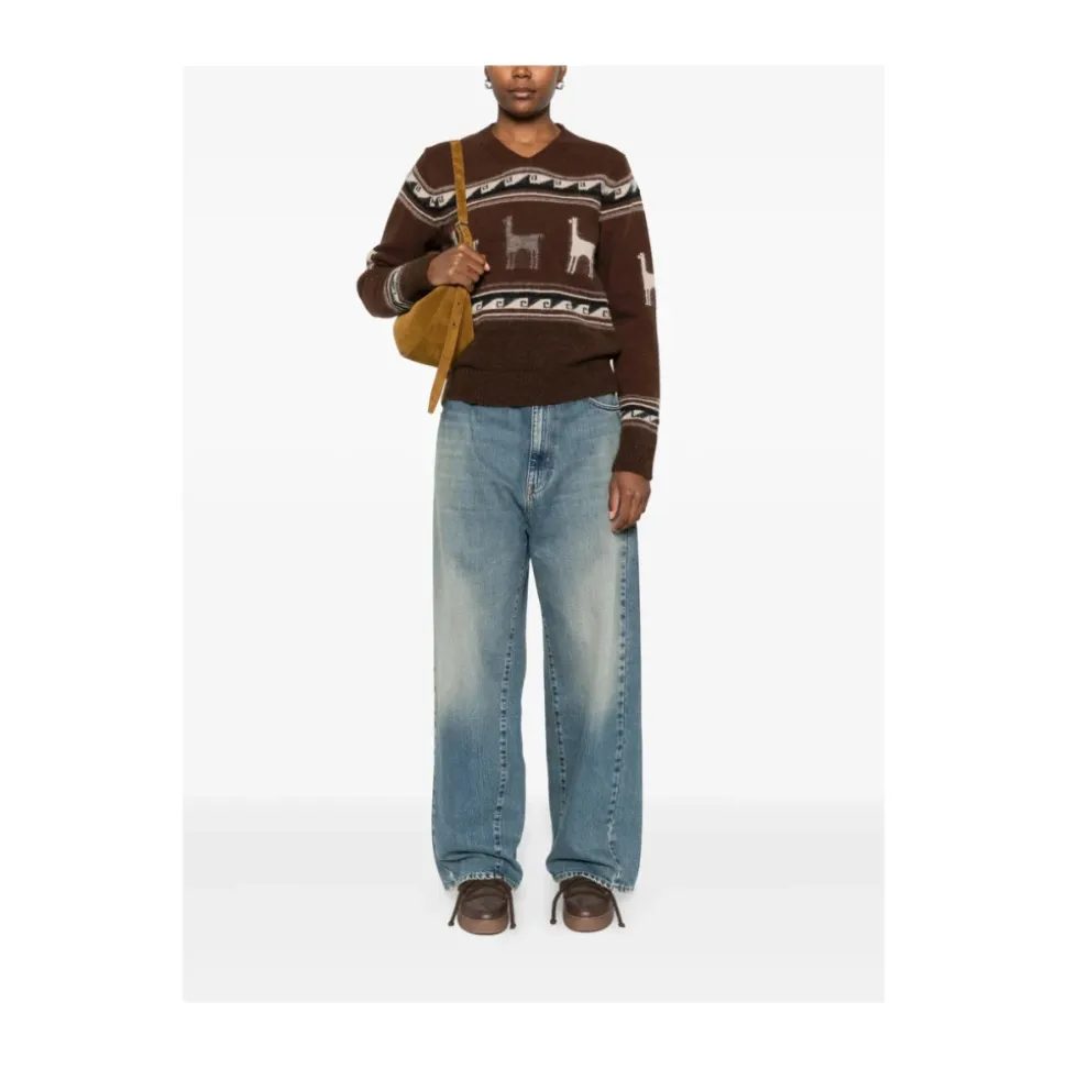 Brauner Llama-Muster V-Ausschnitt Pullover