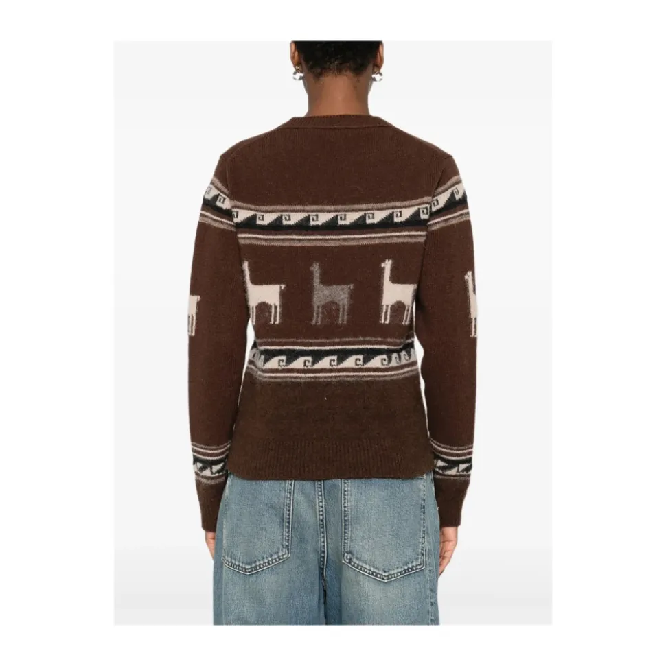 Brauner Llama-Muster V-Ausschnitt Pullover