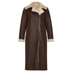 Brauner, wendbarer Shearling-Longmantel in Lederoptik
