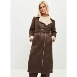 Brauner, wendbarer Shearling-Longmantel in Lederoptik