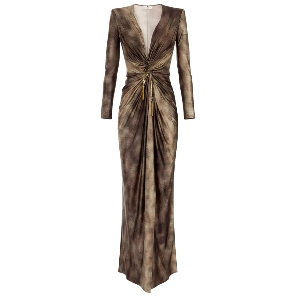 Braunes Print Twist-Front Langarm Kleid