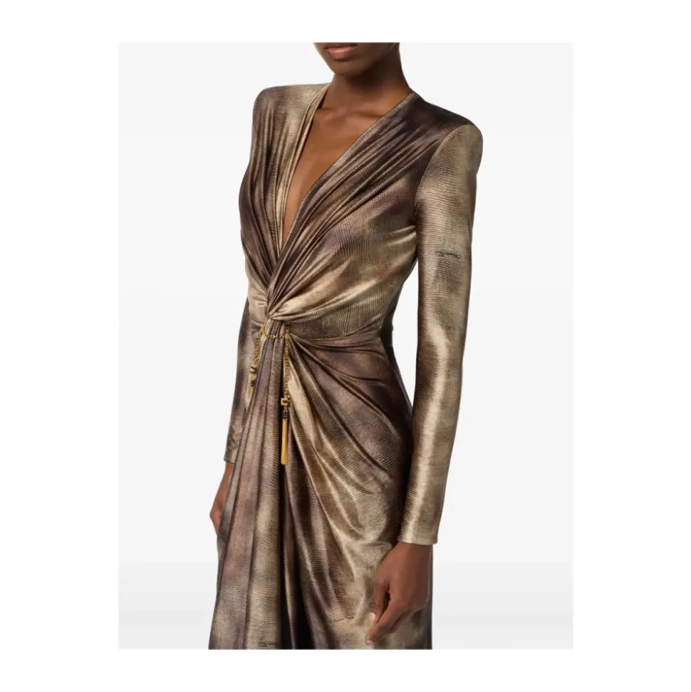 Braunes Print Twist-Front Langarm Kleid