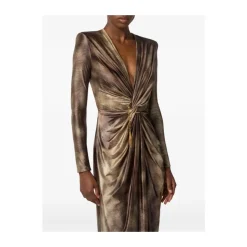 Braunes Print Twist-Front Langarm Kleid