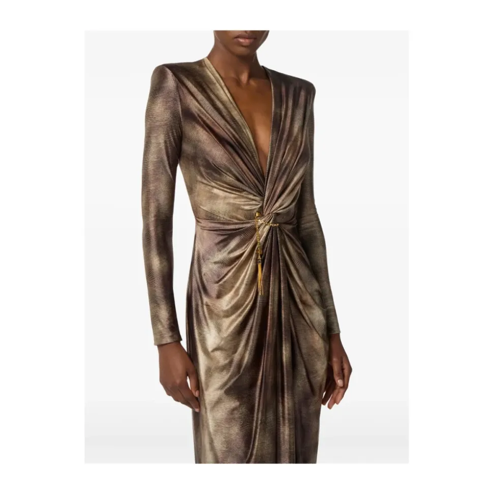 Braunes Print Twist-Front Langarm Kleid