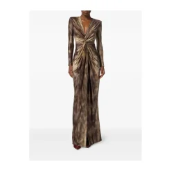 Braunes Print Twist-Front Langarm Kleid