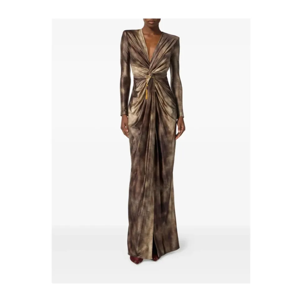 Braunes Print Twist-Front Langarm Kleid
