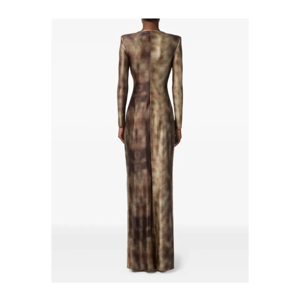 Braunes Print Twist-Front Langarm Kleid