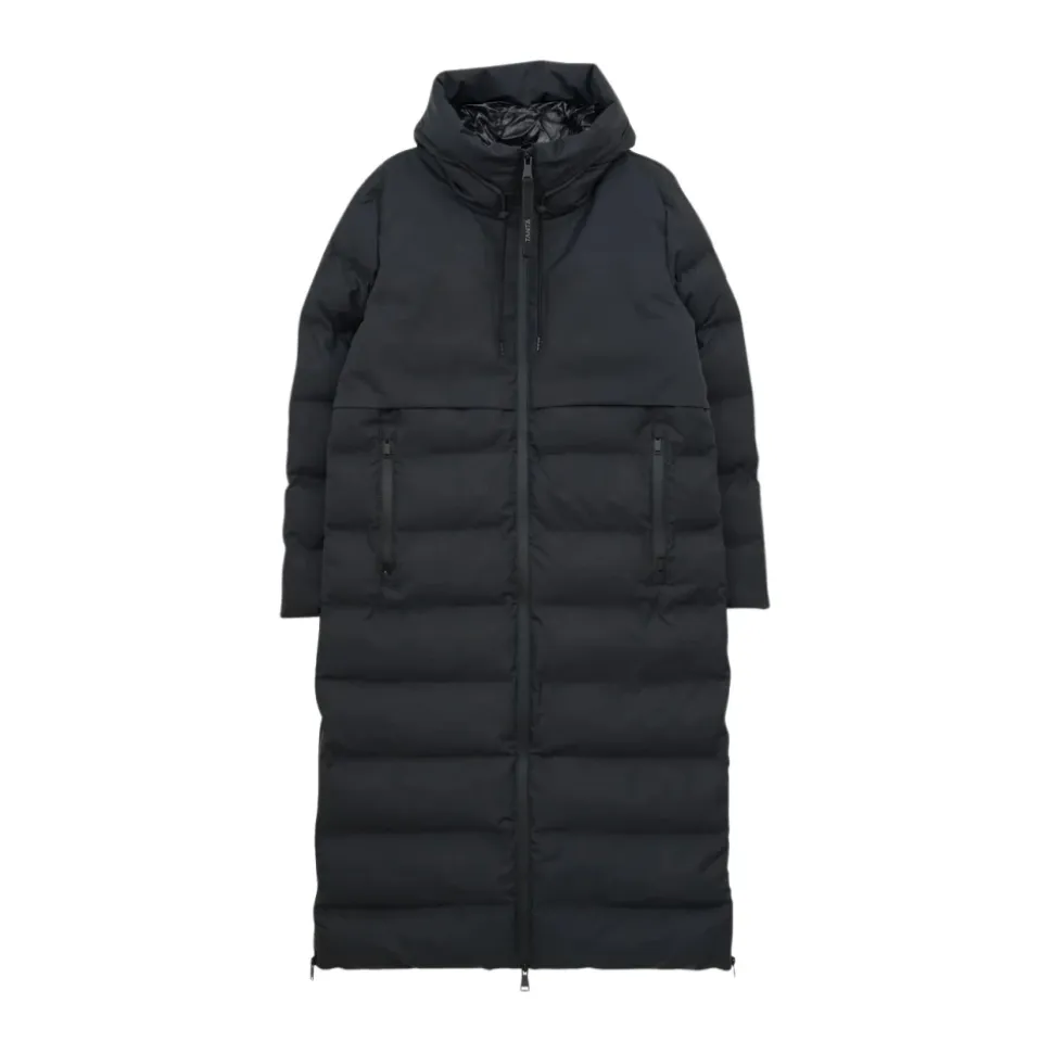Dunkelblaue Kapuzen-Langdaunenjacke