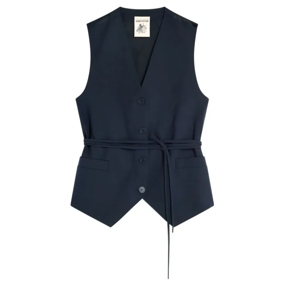 Dunkelblaue Wollweste mit Gürtel