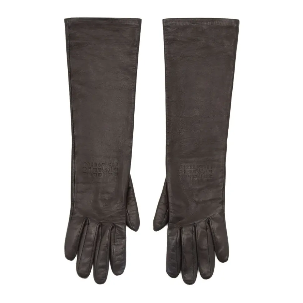 Dunkelbraune lange Lederhandschuhe