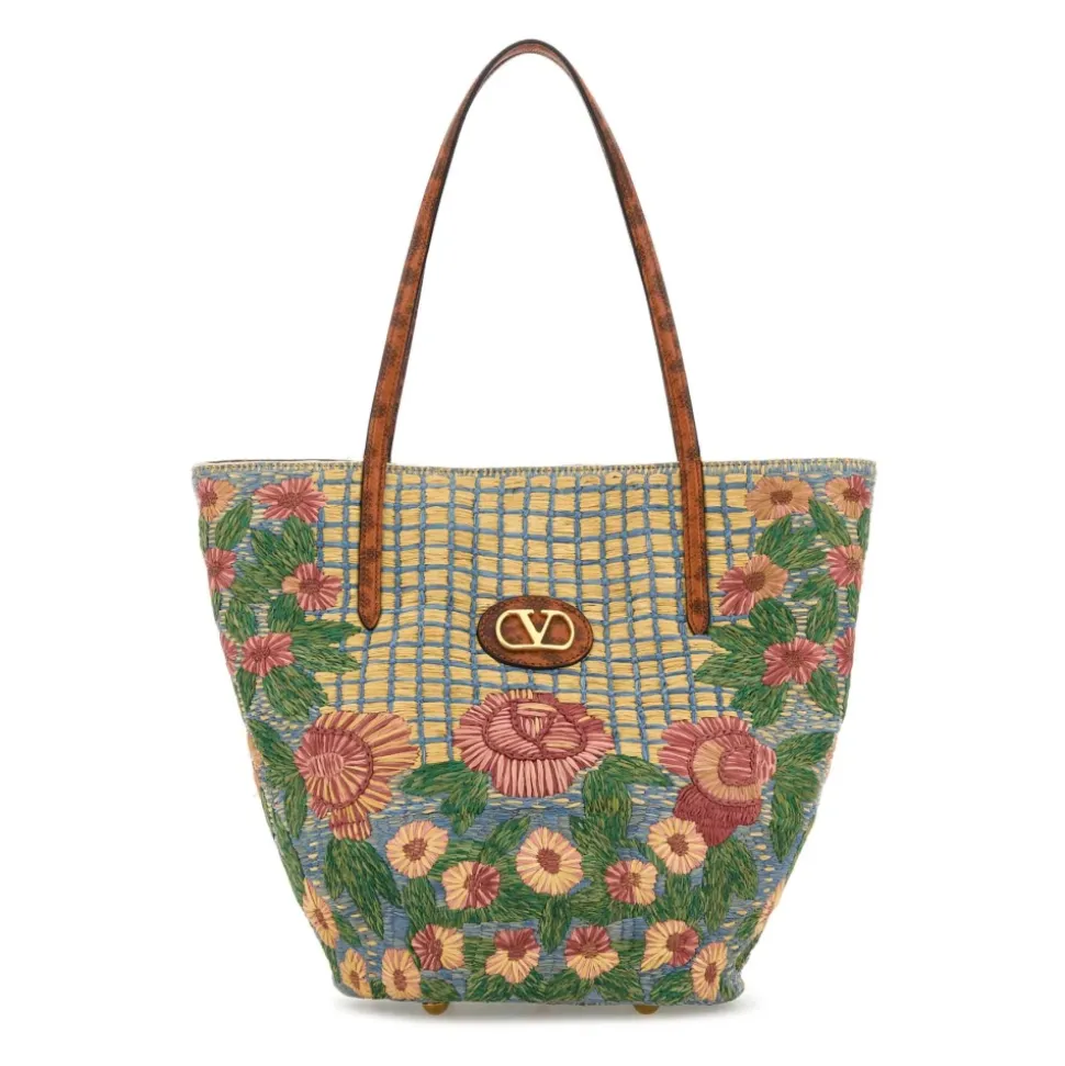 Embroidered Raffia VLogo Signature Shopping Bag