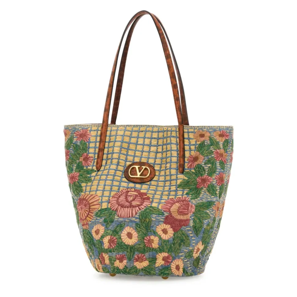 Embroidered Raffia VLogo Signature Shopping Bag