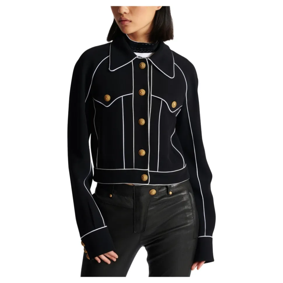 Geknöpfte, kontrastierende Western-Crêpe-Jacke