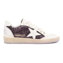 Glitzer Leder Sneakers Gummisohle Schnürung