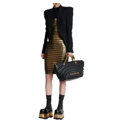Golden Striped Knit Knee Skirt