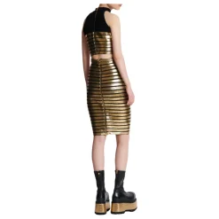 Golden Striped Knit Knee Skirt