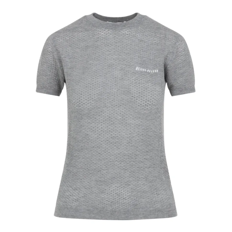 Graues Cashmere T-Shirt mit Logo-Inlay