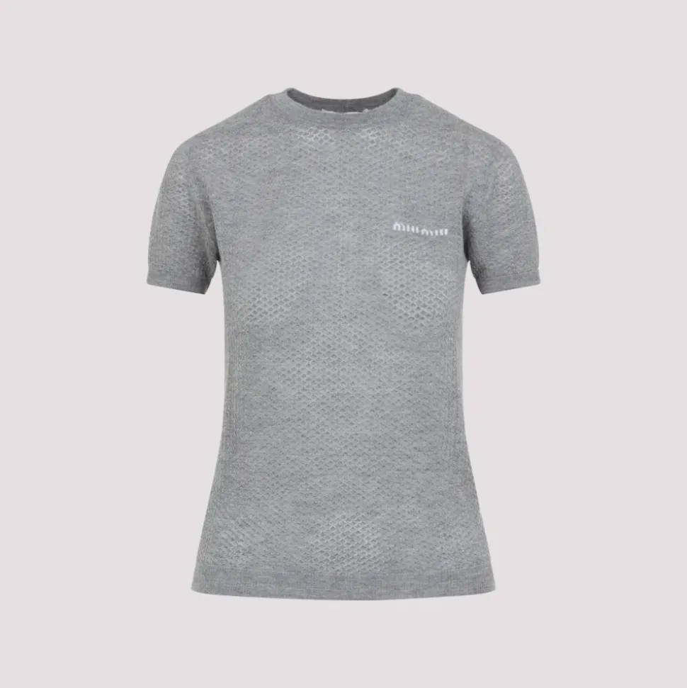 Graues Cashmere T-Shirt mit Logo-Inlay