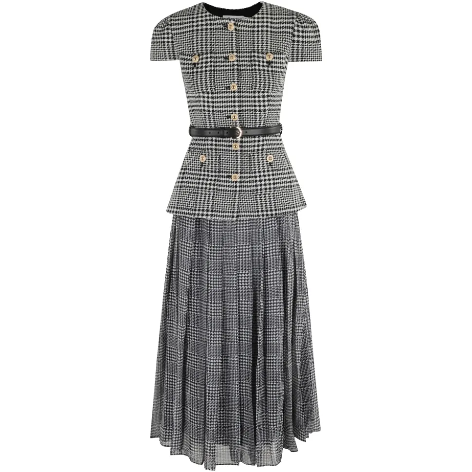Hahnentritt Tailliertes Midi Kleid