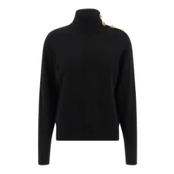 High-Neck Coin-Button Sweater
