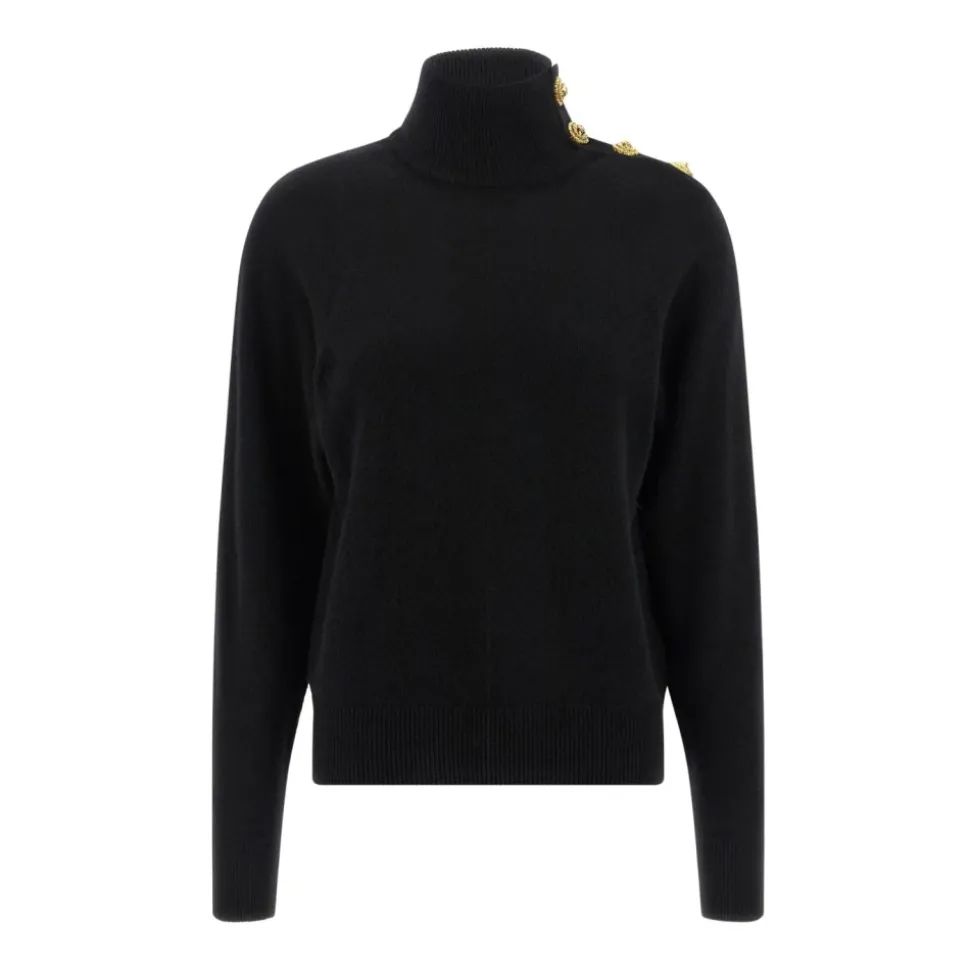 High-Neck Coin-Button Sweater