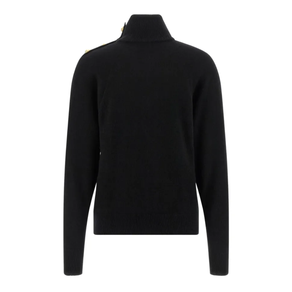 High-Neck Coin-Button Sweater