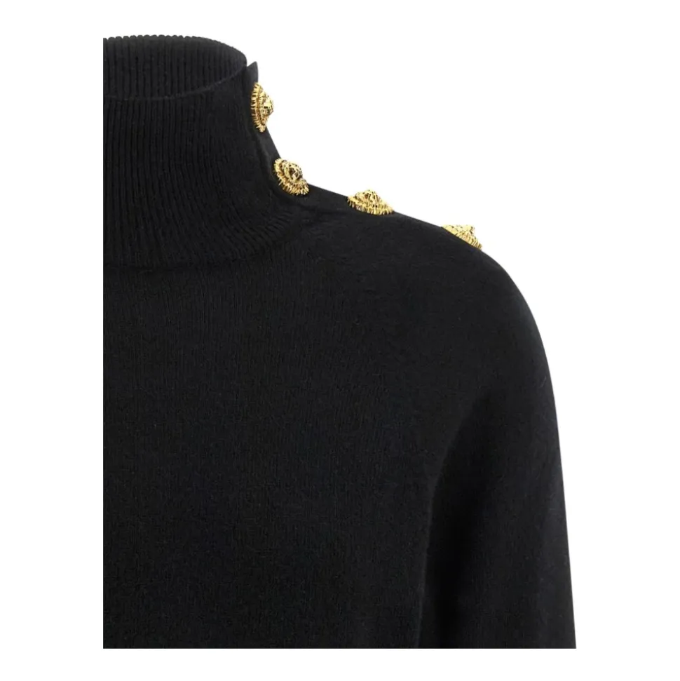 High-Neck Coin-Button Sweater
