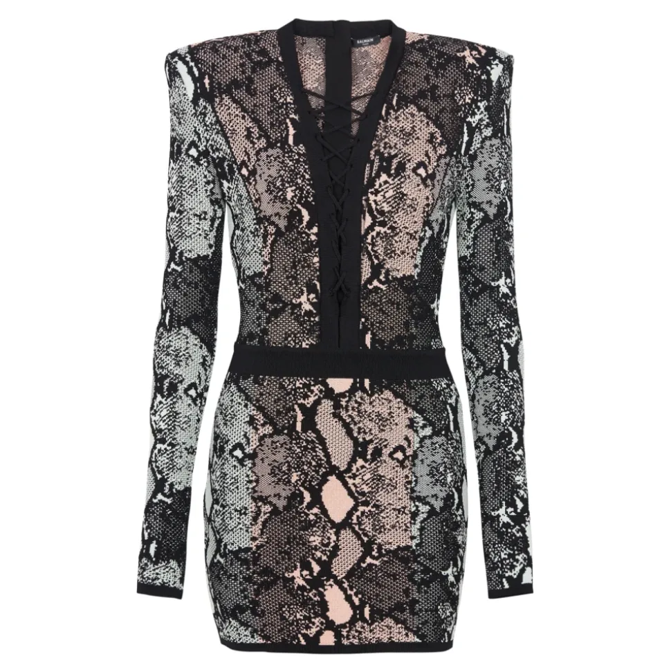 Kurzes Kleid mit Schnürung und Schlangenleder-Jacquardmuster