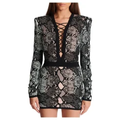 Kurzes Kleid mit Schnürung und Schlangenleder-Jacquardmuster