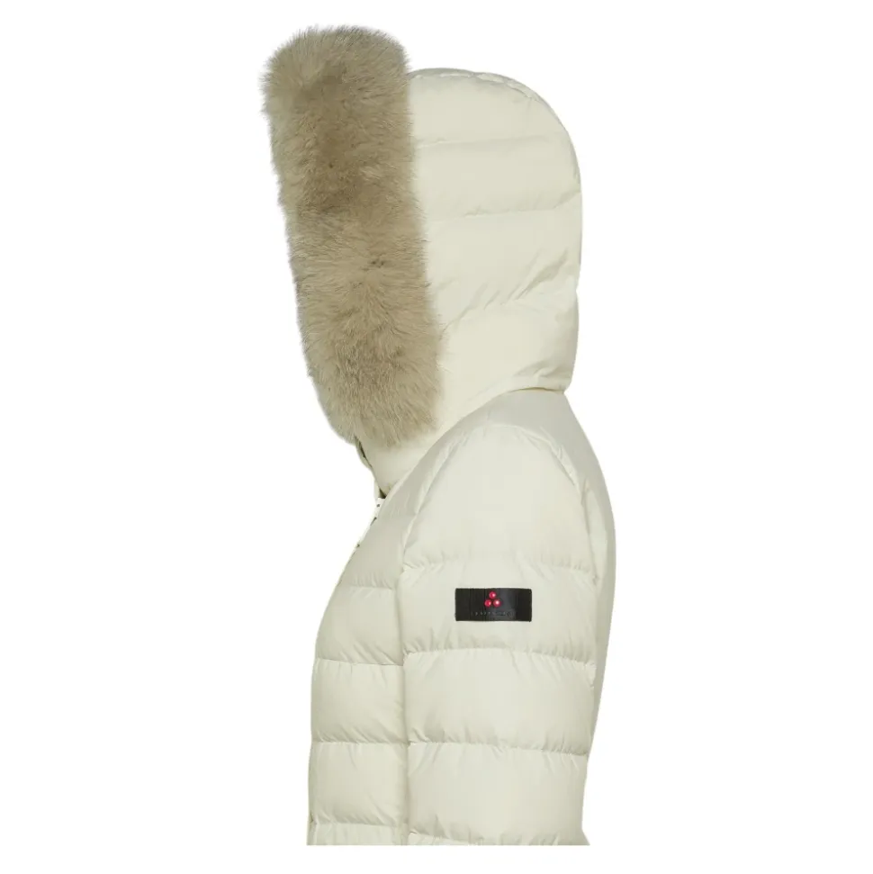 Lang gesteppte Daunenjacke mit Pelzbesatz