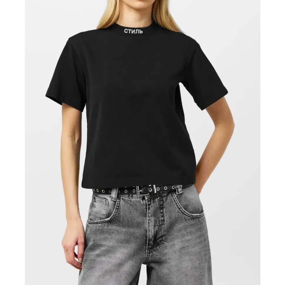 Logo Baumwoll T-Shirt Schwarz Kurzarm