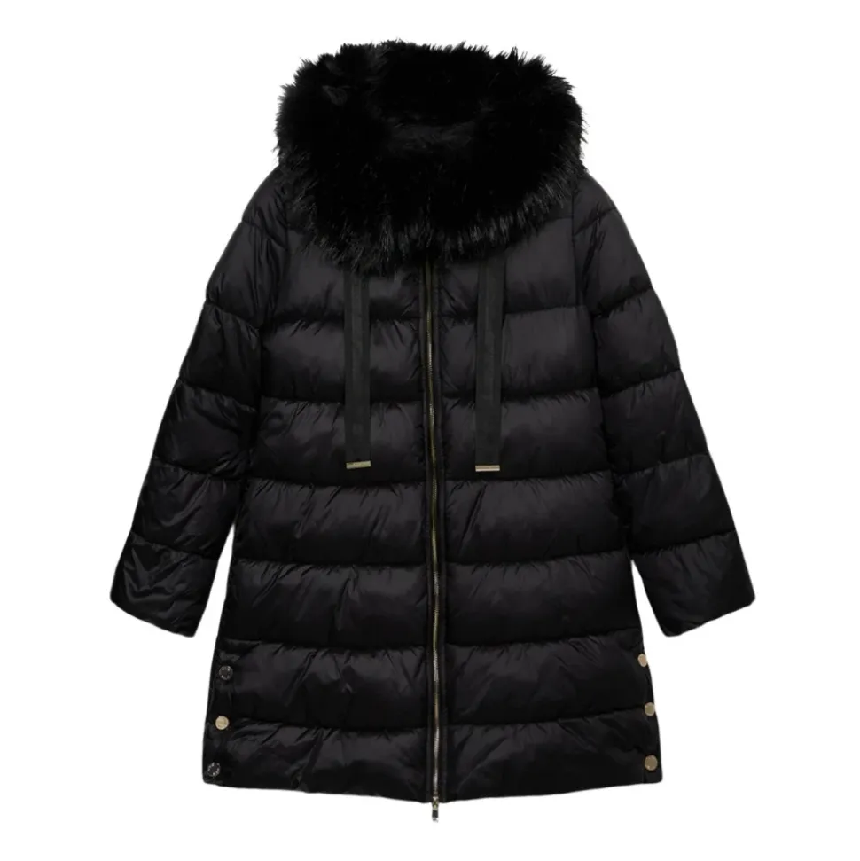Midi-Daunenjacke mit Kapuze und Fellbesatz