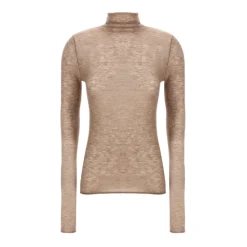 Pailletten Beige Pullover Hoher Kragen Lange Ärmel