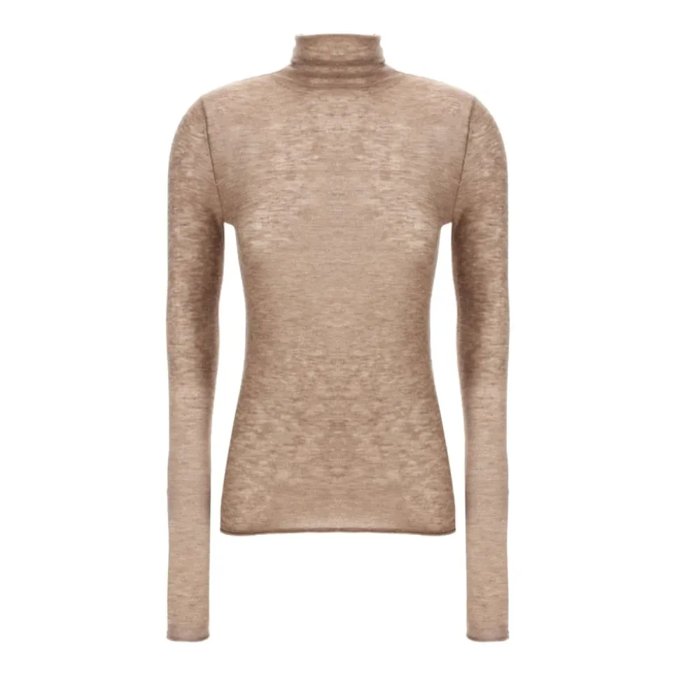 Pailletten Beige Pullover Hoher Kragen Lange Ärmel