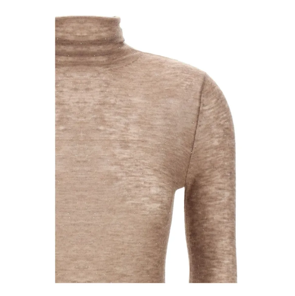 Pailletten Beige Pullover Hoher Kragen Lange Ärmel