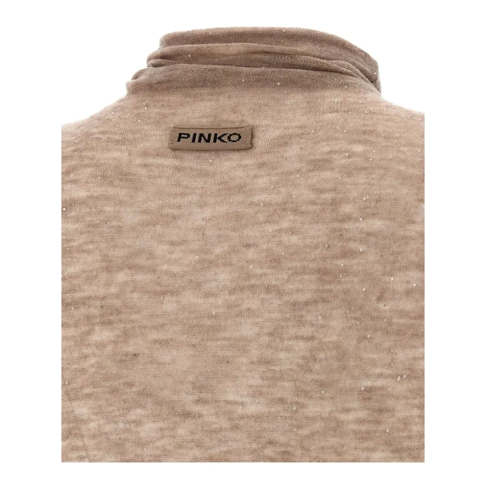 Pailletten Beige Pullover Hoher Kragen Lange Ärmel