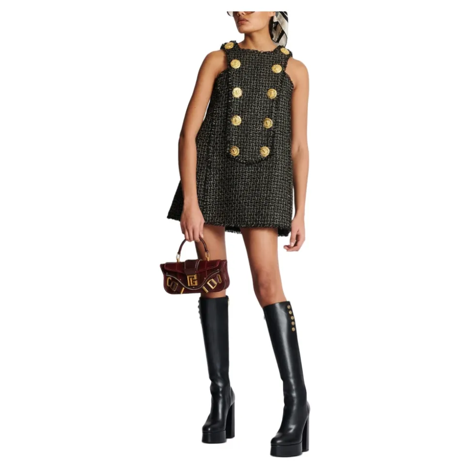Ärmelloses Lurex-Tweed-Kleid mit Knöpfen