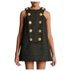 Ärmelloses Lurex-Tweed-Kleid mit Knöpfen