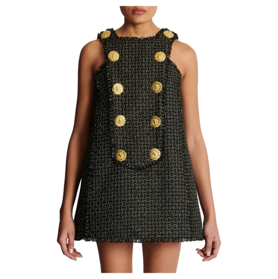 Ärmelloses Lurex-Tweed-Kleid mit Knöpfen