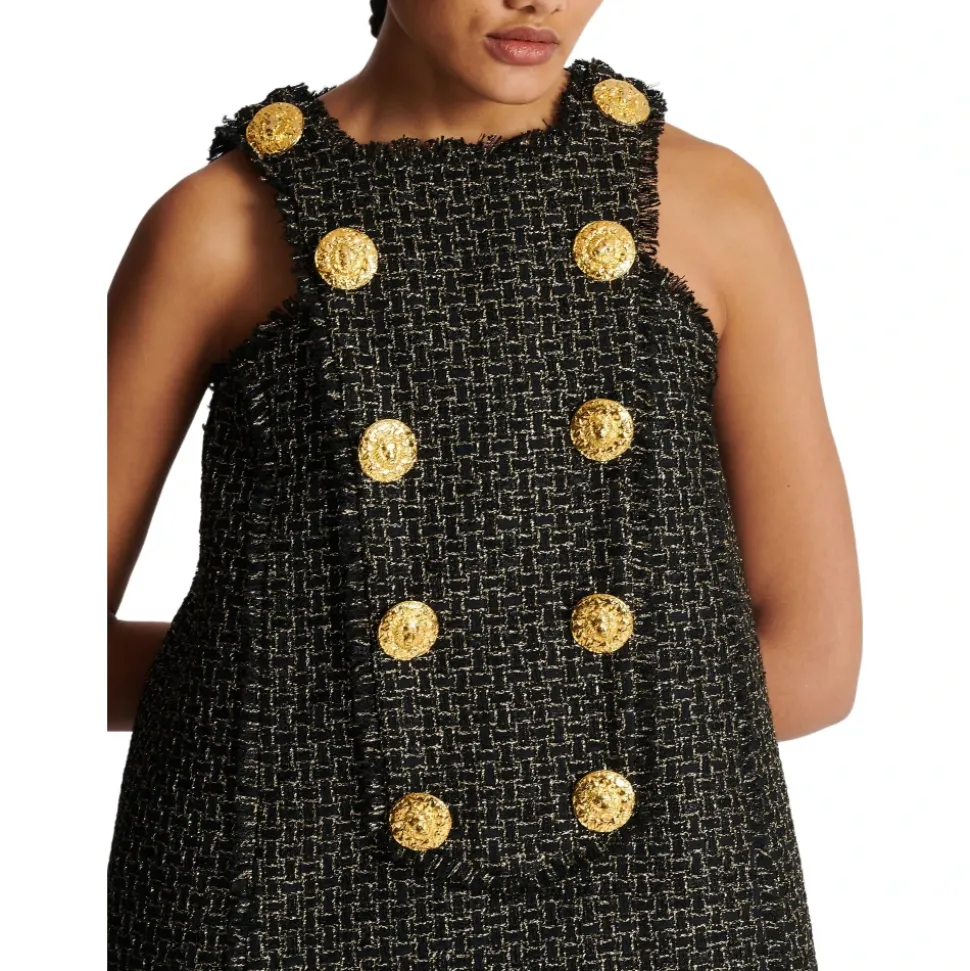 Ärmelloses Lurex-Tweed-Kleid mit Knöpfen