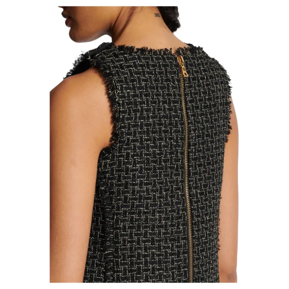 Ärmelloses Lurex-Tweed-Kleid mit Knöpfen