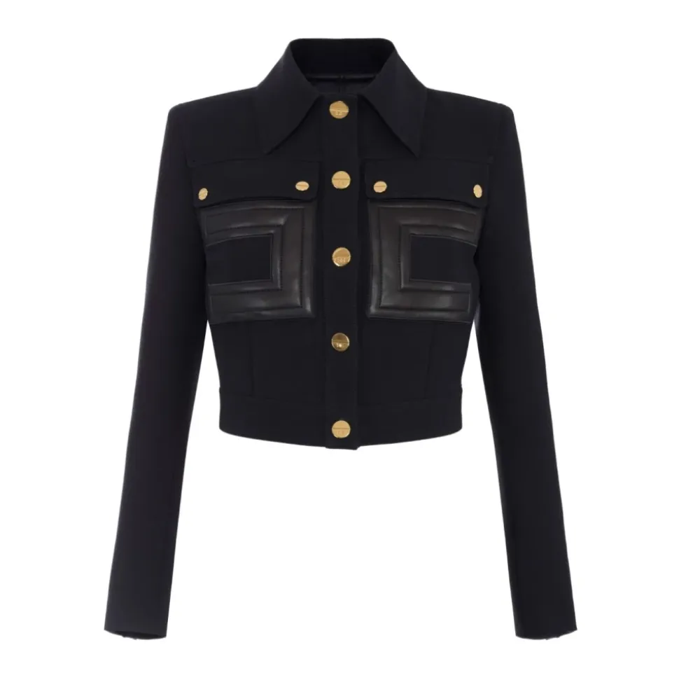 Schwarze Crop-Jacke mit Kontrastknöpfen